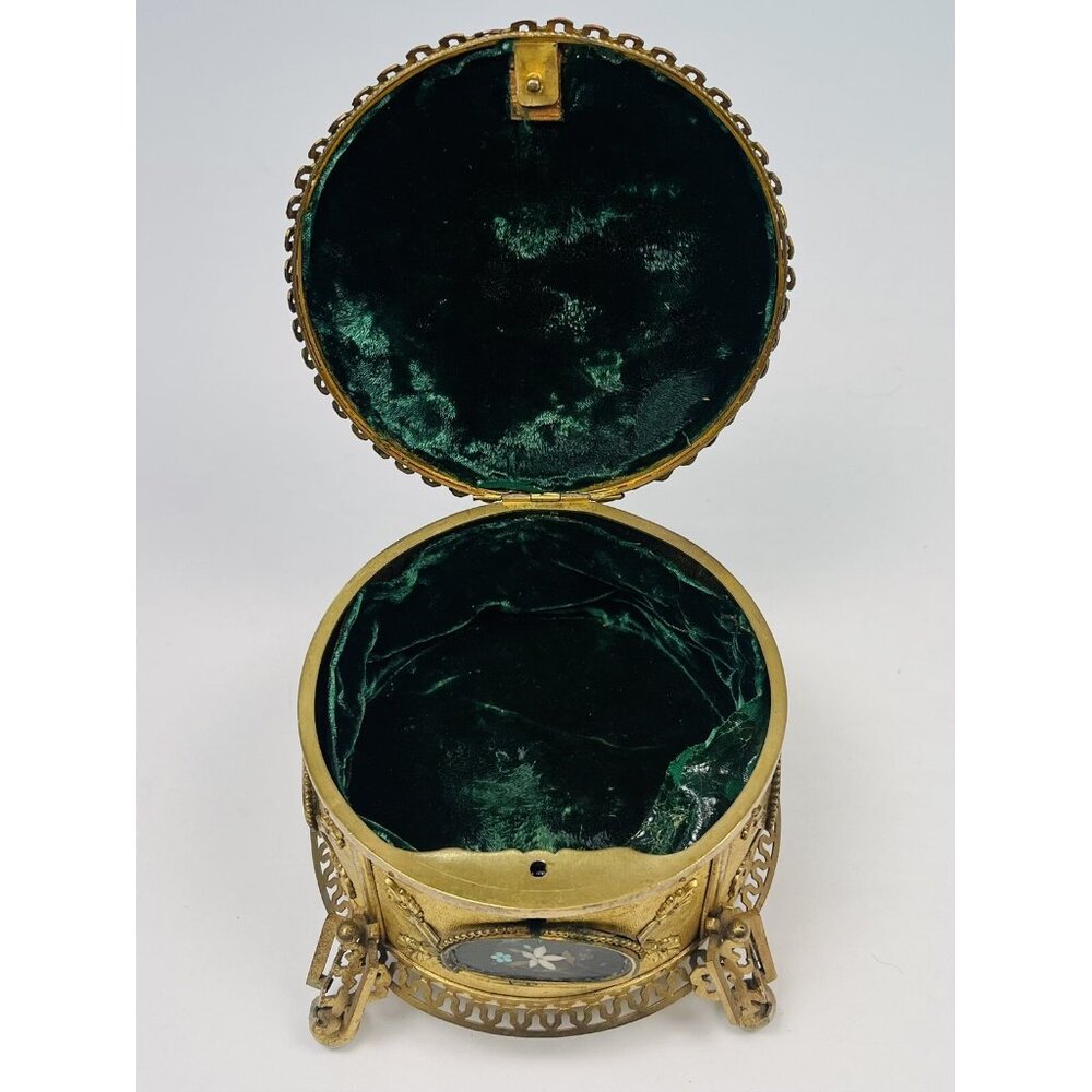Antique 6.5" Pietra Dura Micromosaic Round Gilt-Bronze JEWELRY BOX w/ Velvet Key - Picture 10 of 12